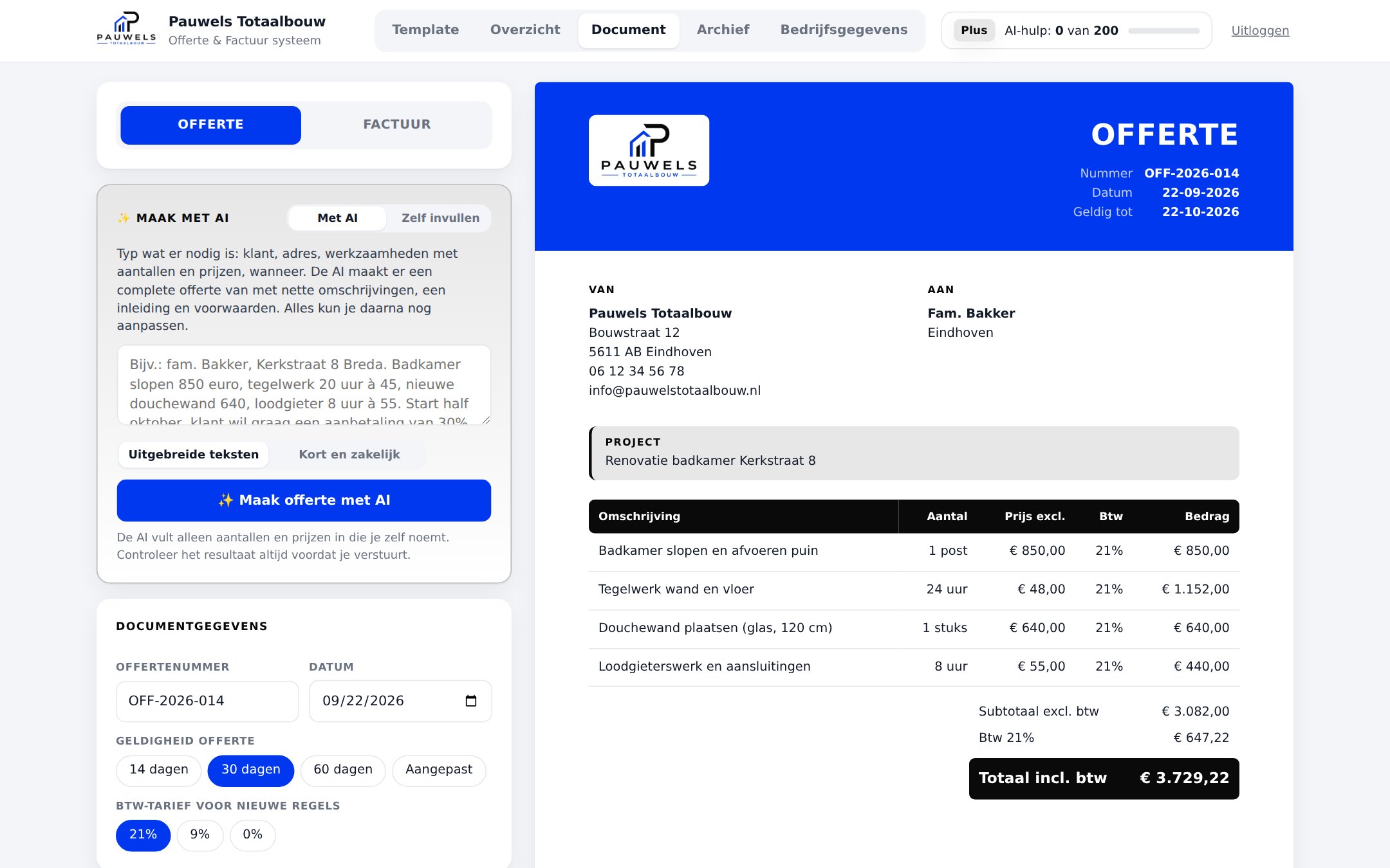 Het offerte- en factuursysteem van Dak Marketing: een offerte opstellen met AI-hulp